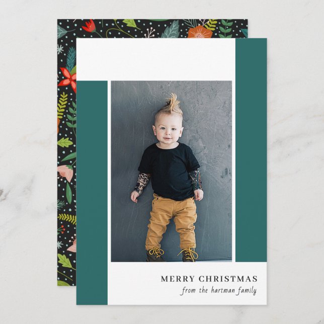 Bold Retro Citrus & Floral Teal Christmas Photo Holiday Card (Front/Back)