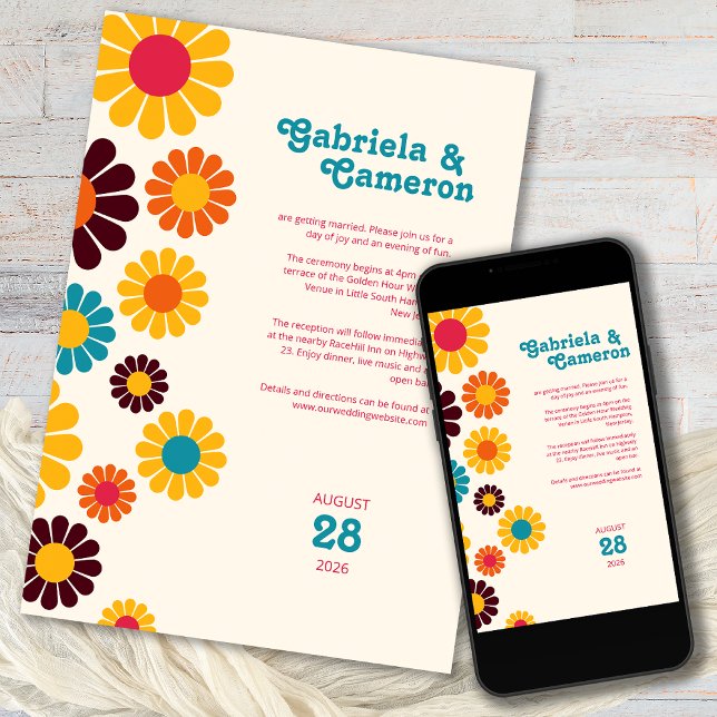 Bold Retro Colour Daisy Wedding Invitation (Creator Uploaded)