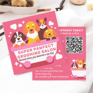 Bold Retro Cute Pink Dogs Grooming Salon Qr code Square Business Card