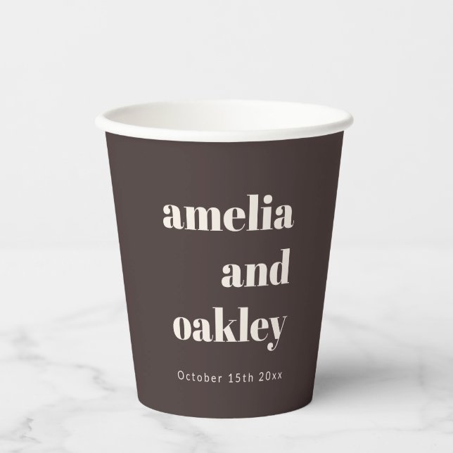 Bold Retro Fall Brown Ivory Couple Custom Wedding Paper Cups (Front)