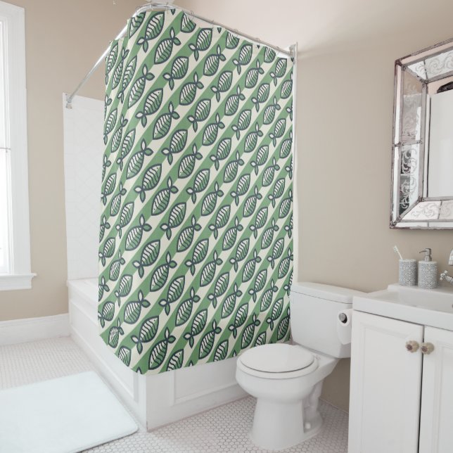Bold retro fish green and grey shower curtain (In Situ)