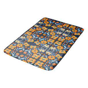 Bold Retro Floral Illustration in Orange and Blue Bath Mat
