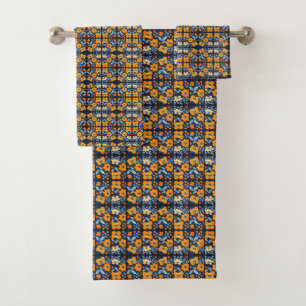 Bold Retro Floral Illustration in Orange and Blue Bath Towel Set