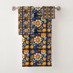 Bold Retro Floral Illustration in Orange and Blue Bath Towel Set