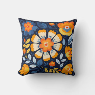 Bold Retro Floral Illustration in Orange and Blue Cushion