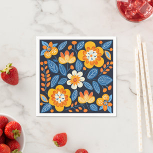 Bold Retro Floral Illustration in Orange and Blue Napkin