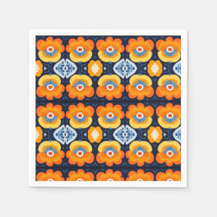Bold Retro Floral Illustration in Orange and Blue Napkin