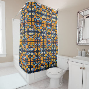 Bold Retro Floral Illustration in Orange and Blue Shower Curtain