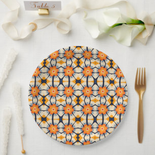 Bold Retro Floral Illustration in Orange Paper Plate