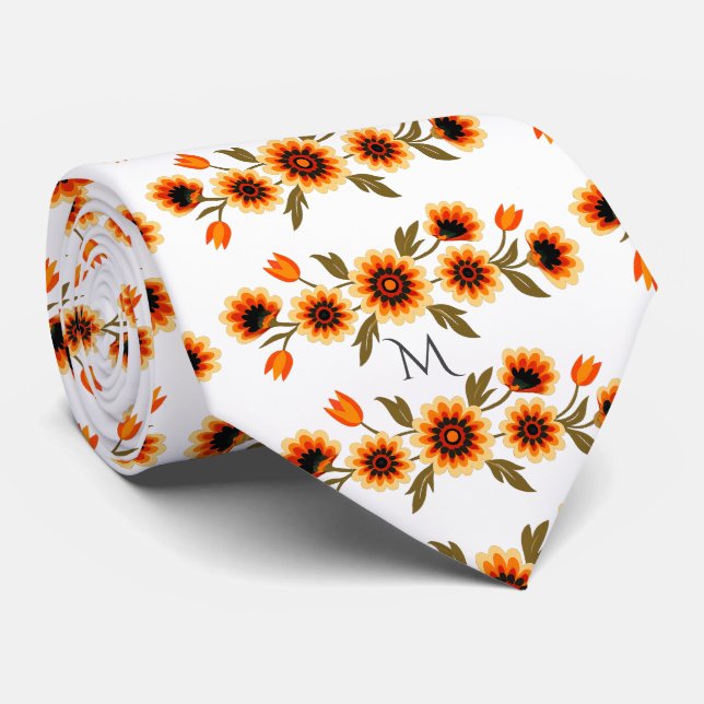 Bold Retro Floral Pattern in Orange Yellow Black Tie (Rolled)
