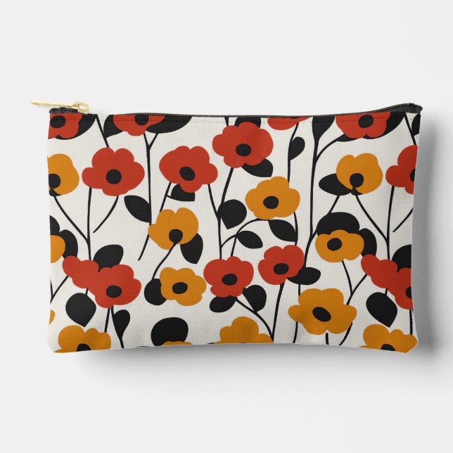 Bold Retro Floral Pattern Red, Orange, and Black Accessory Pouch (Front)