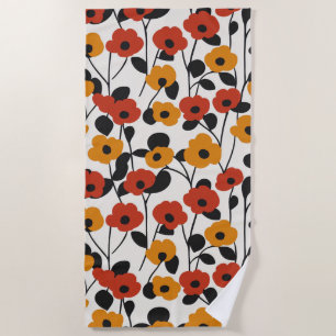 Bold Retro Floral Pattern Red, Orange, and Black Beach Towel