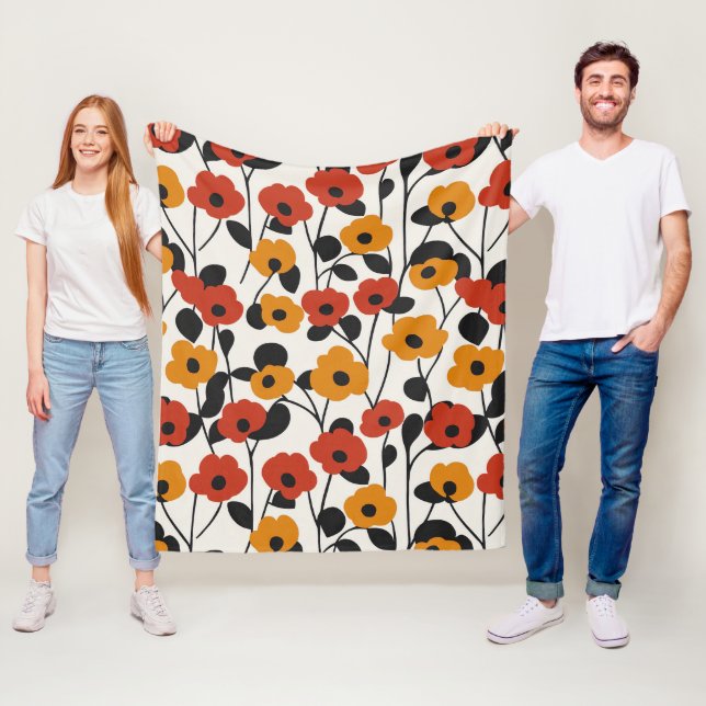 Bold Retro Floral Pattern Red, Orange, and Black Fleece Blanket (In Situ)