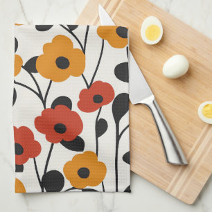 Bold Retro Floral Pattern Red, Orange, and Black Tea Towel
