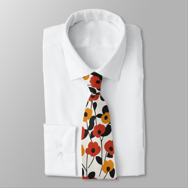 Bold Retro Floral Pattern Red, Orange, and Black Tie (Tied)