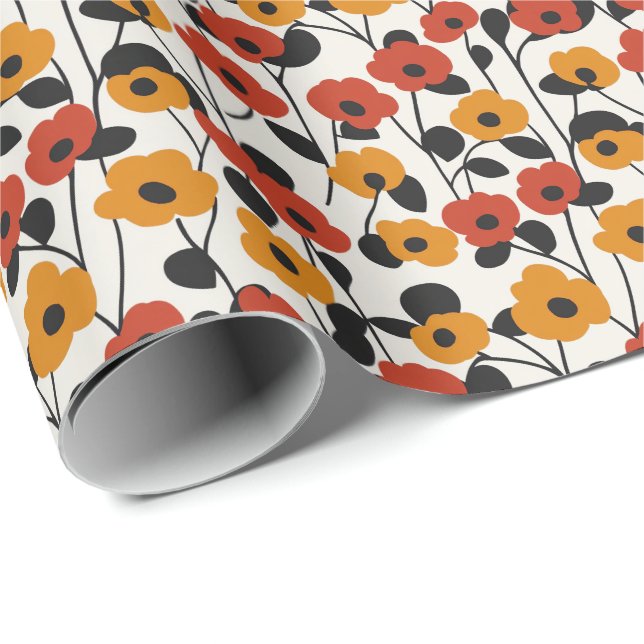 Bold Retro Floral Pattern Red, Orange, and Black Wrapping Paper (Roll Corner)