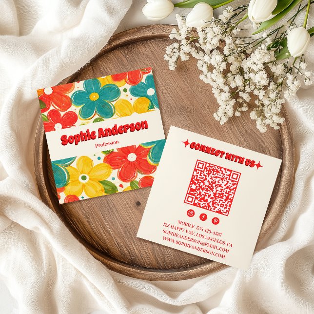 Bold Retro Floral QR Code with Red Typography Square Business Card (Creator Uploaded)