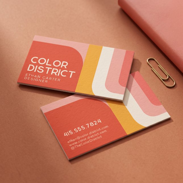 Bold Retro Geometric Colour Block Modern Business Card (Simulated business cards on table)