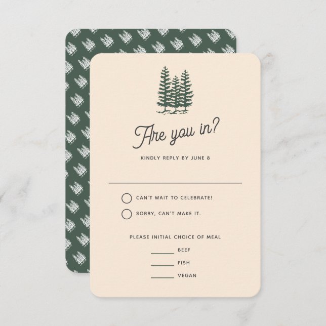 Bold Retro Green Mountain Forest Wedding RSVP Card (Front/Back)