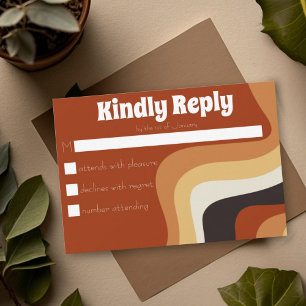 Bold Retro Groovy 70s Wavy Orange Brown Wedding RSVP Card