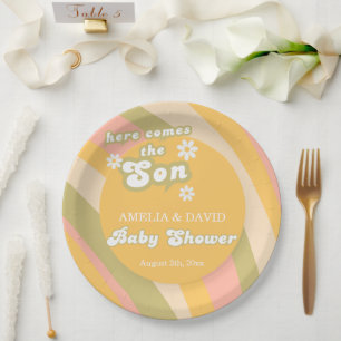 Bold Retro Groovy Boy Shower Sunshine Party Paper Plate