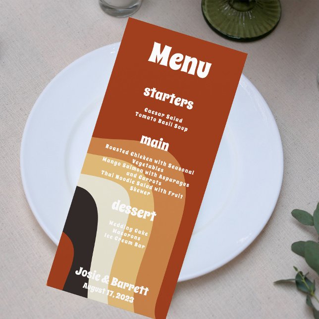 Bold Retro Groovy Orange 70s Wedding Dinner Menu (Creator Uploaded)