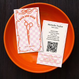 Bold Retro Hair Stylist Whimsical Doodle Pink Red Business Card