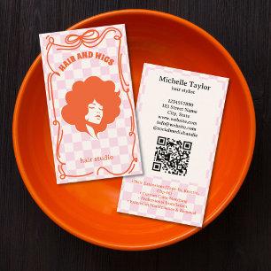 Bold Retro Hair Stylist Whimsical Doodle Pink Red Business Card