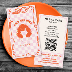Bold Retro Hair Stylist Whimsical Doodle Pink Red Business Card