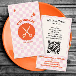 Bold Retro Hair Stylist Whimsical Doodle Pink Red Business Card