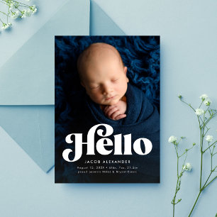 Bold retro hello cute blue photo birth announcement