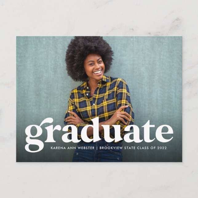 Bold retro horizontal photo graduation invitation postcard (Front)