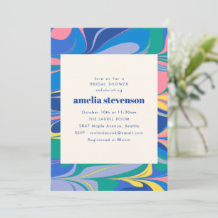 Bold Retro Marble Swirl Blue Bridal Shower Party Invitation