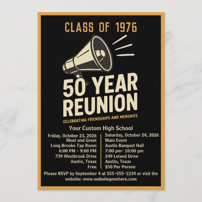 Bold Retro Megaphone 50 Year High School Reunion Invitation (Front)