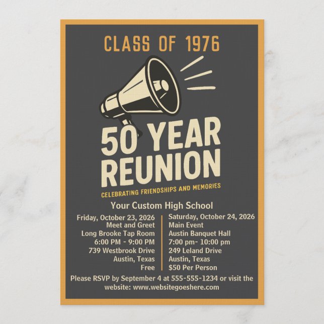 Bold Retro Megaphone 50 Year High School Reunion Invitation (Front)