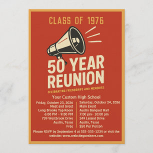 Bold Retro Megaphone 50 Year High School Reunion Invitation