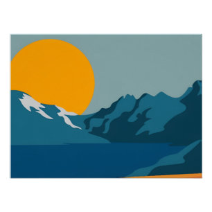 Bold Retro Mountain Scene – Red and Blue Poster