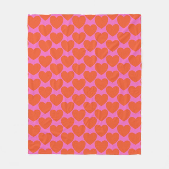 Bold Retro Pink and Orange Hearts Pattern Playful Fleece Blanket (Front)