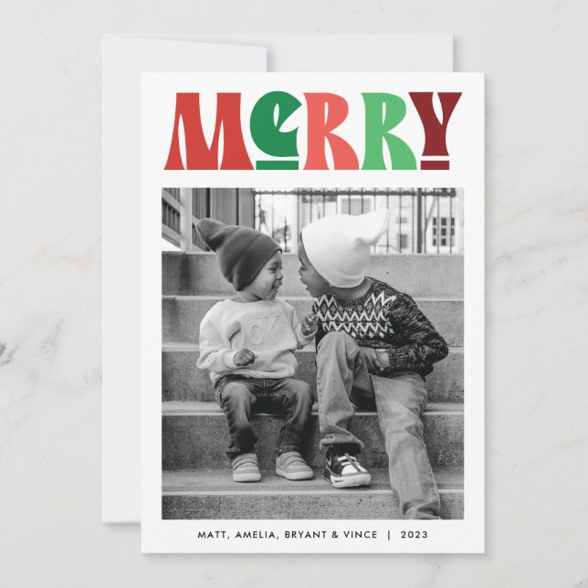 Bold Retro Red and Green Holiday Photo Card (Front)
