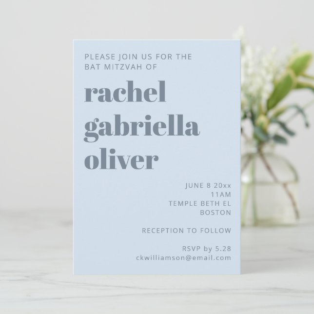 Bold Retro Soft Blue Simple Cute Bat Mitzvah Invitation (Standing Front)