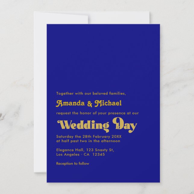 Bold Retro Typography Navy and Gold Wedding Invitation (Front)