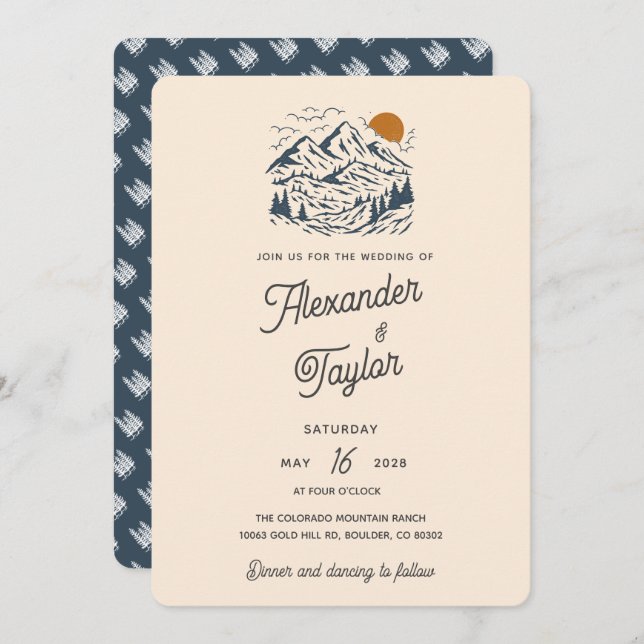 Bold Retro Vintage Mountain Landscape Wedding Invitation (Front/Back)