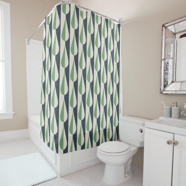Bold retro water drop green and grey shower curtain (In Situ)
