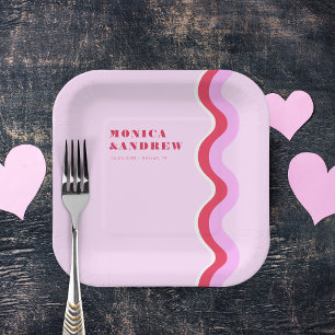 Bold Retro Wave Aesthetic Pink and Red Wedding  Paper Plate