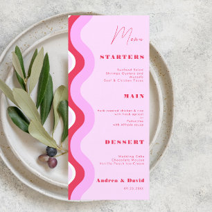 Bold Retro Wave Curvy Stripes Pink and Red Wedding Menu