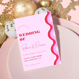 Bold Retro Wave Pink and Red All in One Wedding Invitation