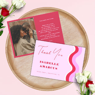 Bold Retro Wave Pink and Red Wedding Thank You Card