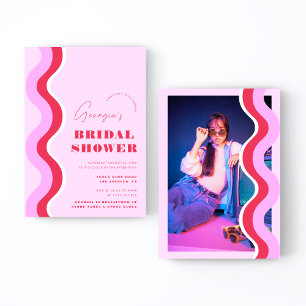 Bold Retro Wave Stripes Pink and Red Bridal Shower Invitation