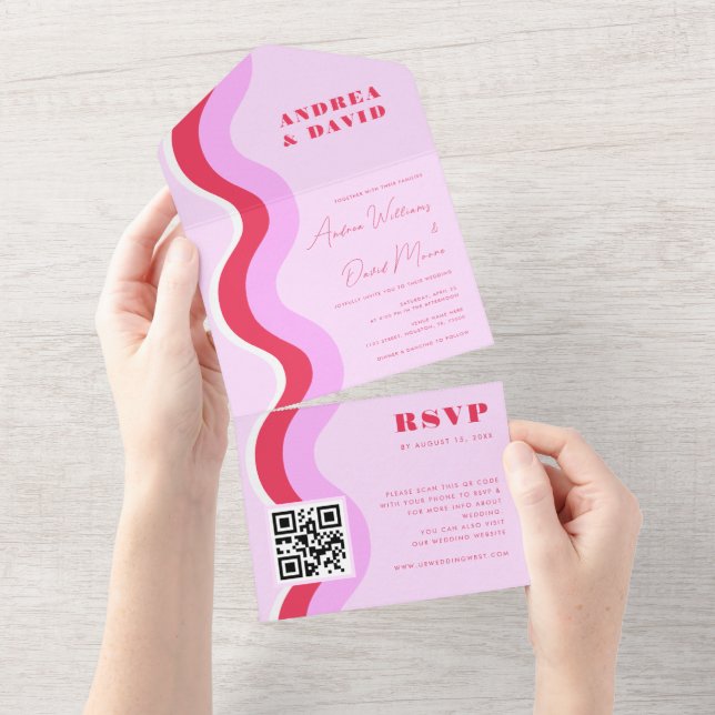 Bold Retro Waves Pink & Red QR Code RSVP Wedding All In One Invitation (Tearaway)