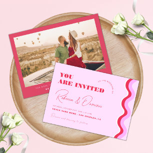 Bold Retro Wavy Curvy Stripes Pink and Red Wedding Invitation